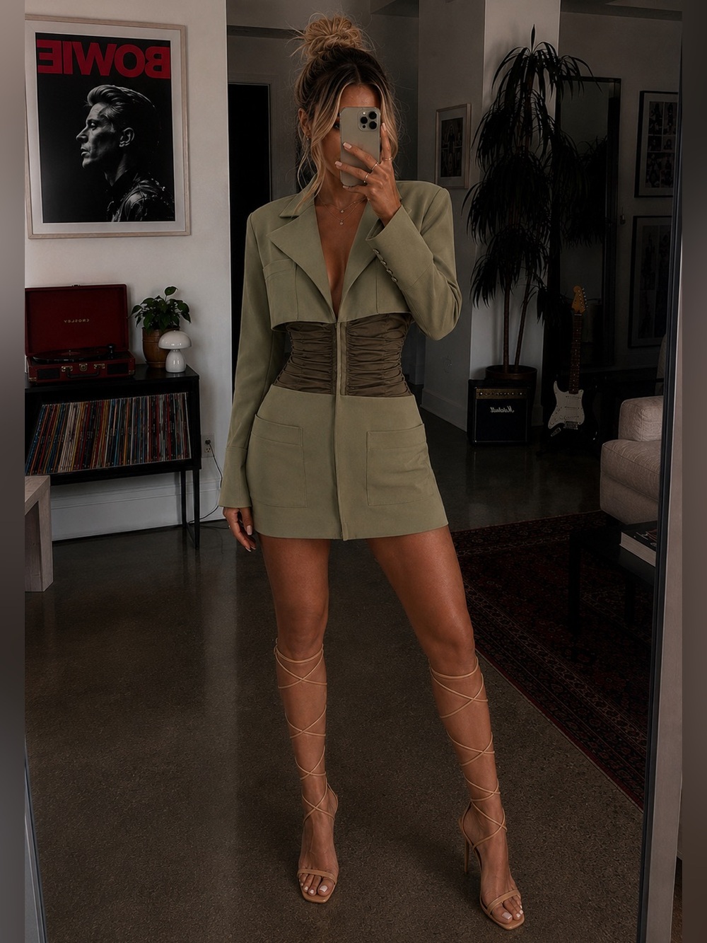 Fashion Nova Olive Passion Talk Ruched Long Sleeve Blazer Mini Dress Medium New